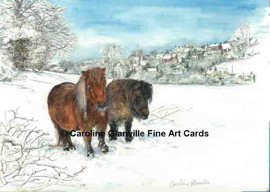 Shetland ponies  Snow Penns meadow Broseley, painting by Caroline Glanville